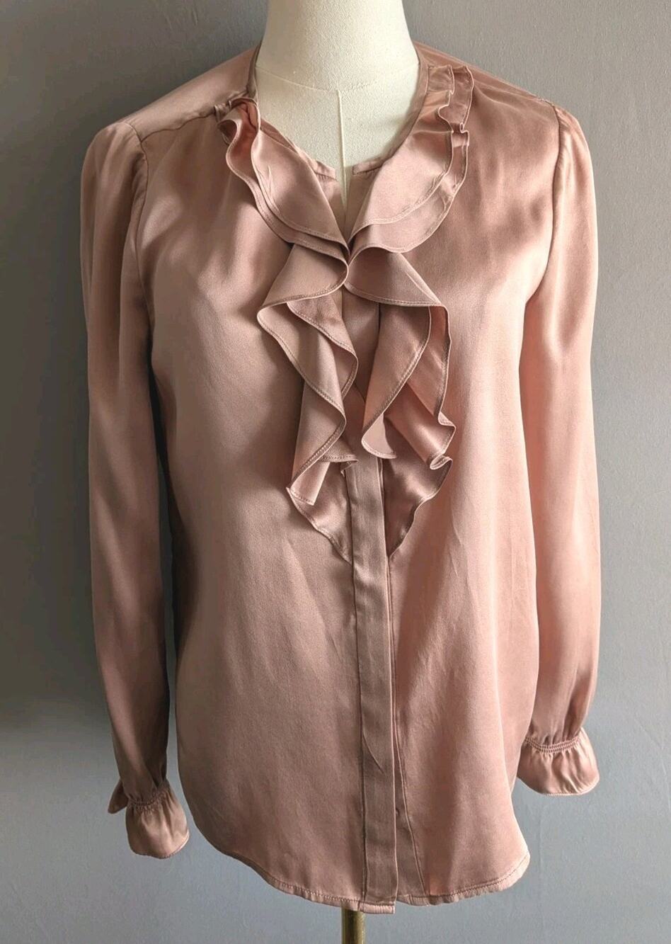 Joie S Dusty Rose Pink Silk Ruffle Blouse Long Sleeve Romantic Boho Top
